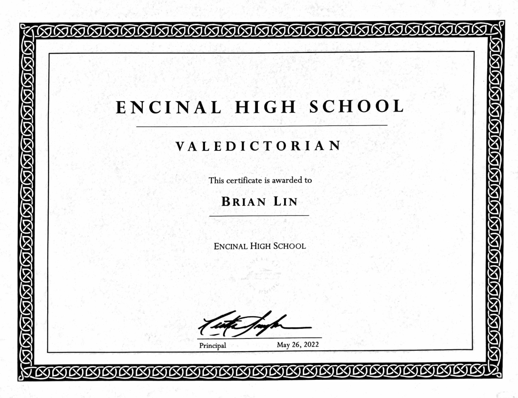 Encinal High School Valedictorian Certificate